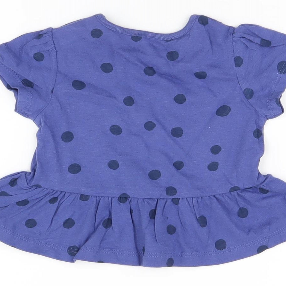 Marks & Spencer Girls Blue Polka Dot Cotton Basic T-Shirt Size 3-6 Months Round Neck Snap