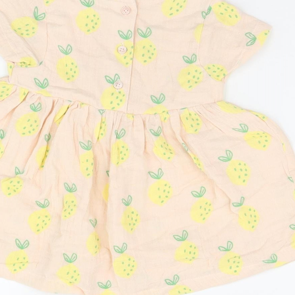 Marks & Spencer Girls Pink Geometric Cotton A-Line Size 6-9 Months Round Neck Button - Lemon Print