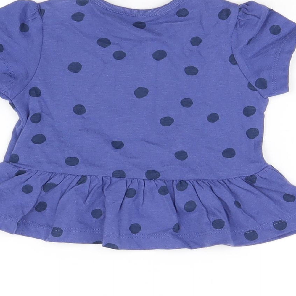 Marks & Spencer Girls Blue Polka Dot Cotton Basic T-Shirt Size 3-6 Months Round Neck Snap