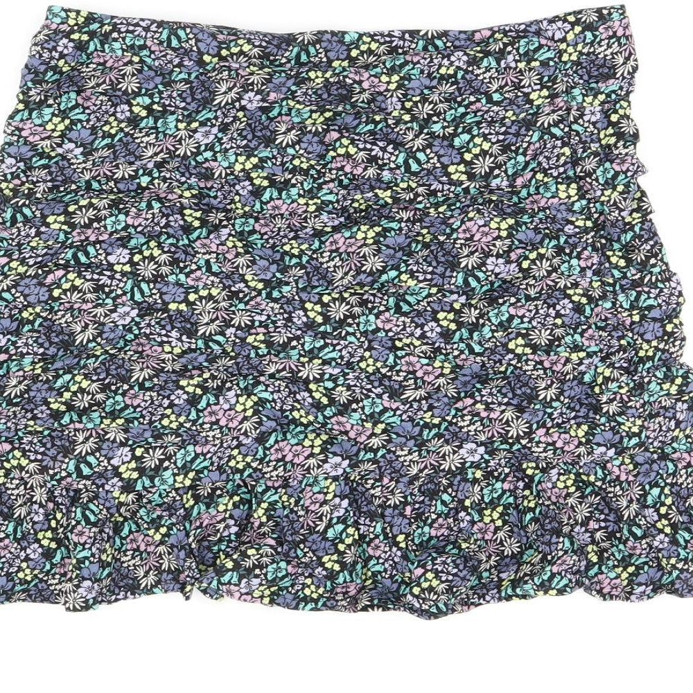 Marks & Spencer Girls Black Floral Viscose Mini Skirt Size 12-13 Years Regular Zip