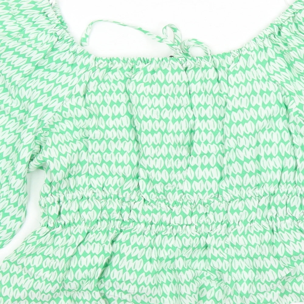 Marks & Spencer Womens Green Geometric Viscose Basic Blouse Size 10 Round Neck - Keyhole Neckline