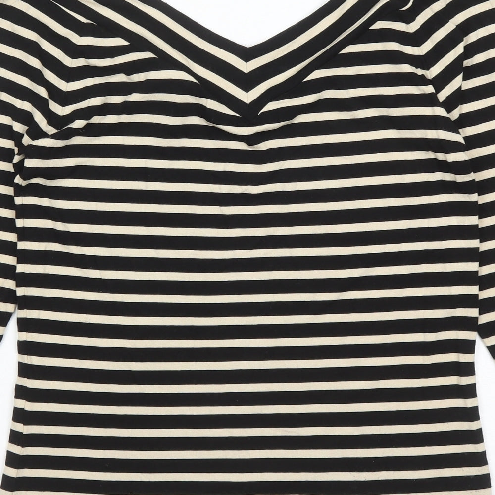 Madeleine Womens Black Striped Polyester Basic T-Shirt Size 8 Collared