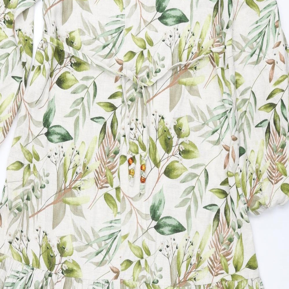 SPLASH Womens Multicoloured Geometric Viscose Maxi Size 10 Round Neck Button - Plant Print Smocked Beaded Belt