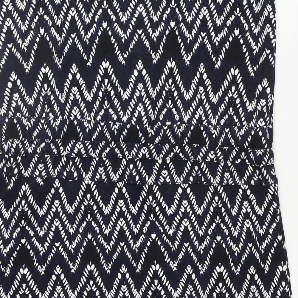 Warehouse Womens Blue Geometric Viscose Shift Size 12 Round Neck Pullover - Drawstring Waist