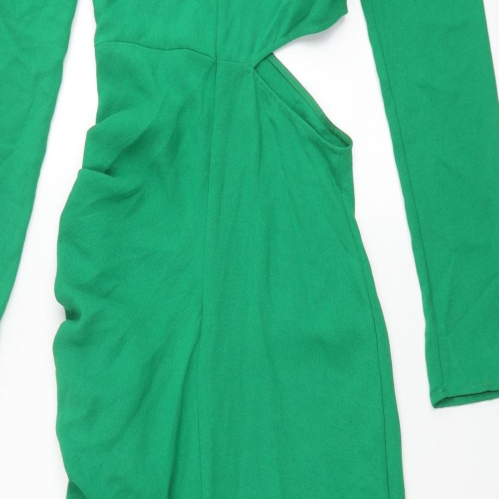 Zara Womens Green Polyester Maxi Size S Round Neck Zip - Rouched Cut Out Buckle Detail