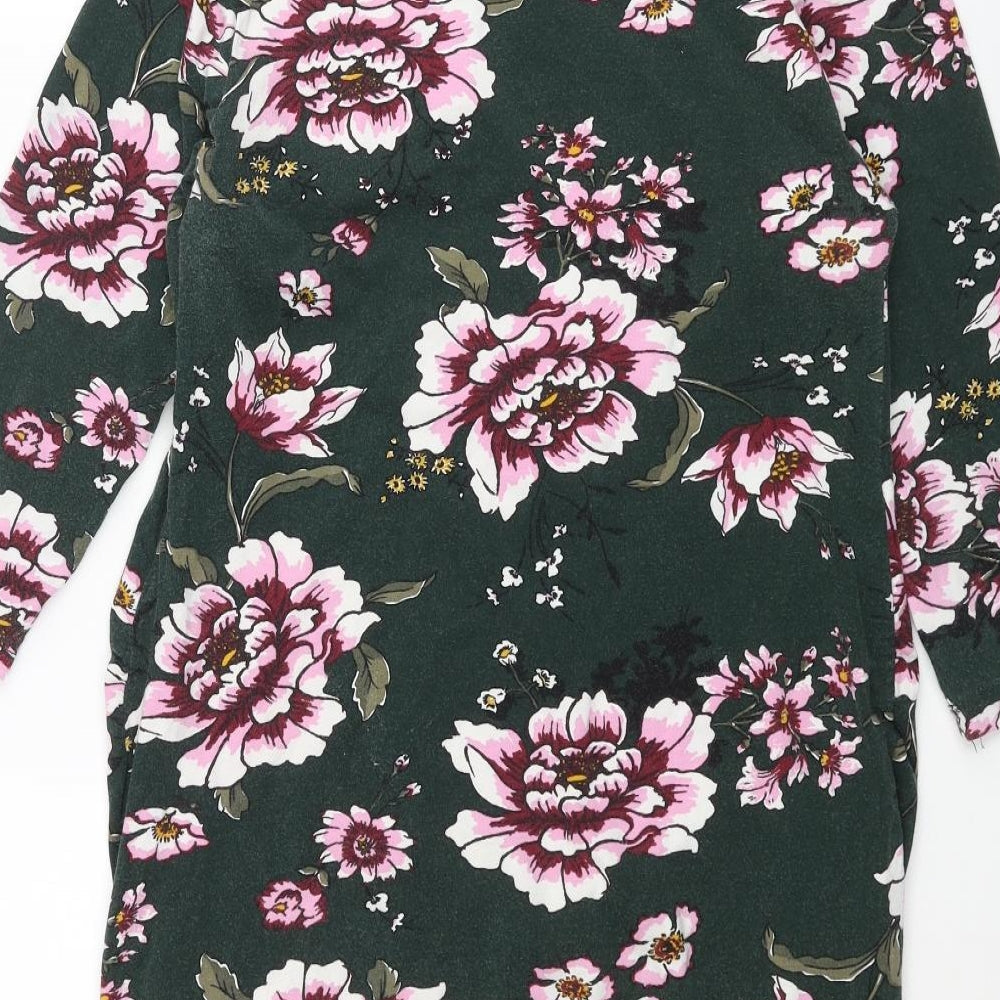 H&M Womens Green Floral Cotton Shift Size M Round Neck Pullover