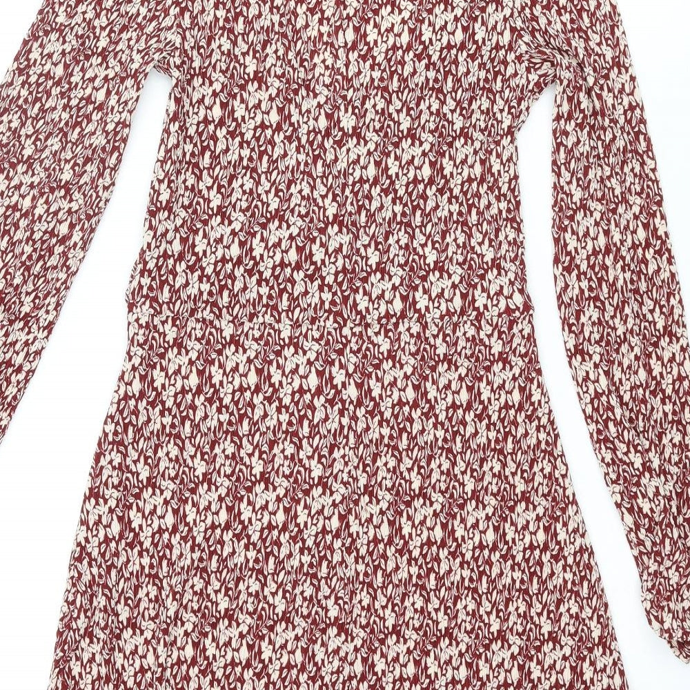 Mango Womens Red Floral Polyester A-Line Size S V-Neck Pullover - Knot Detail Plisse