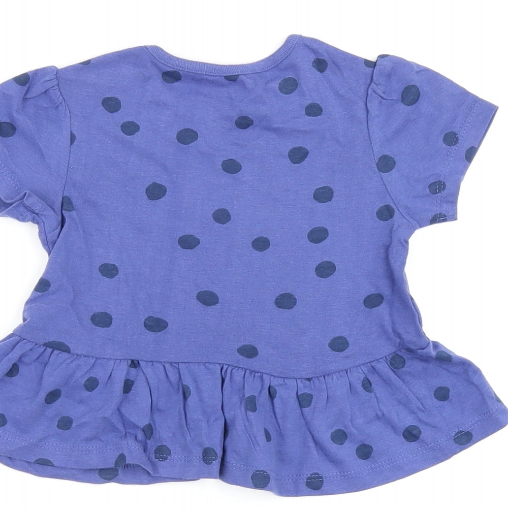 Marks & Spencer Girls Blue Polka Dot Cotton Basic T-Shirt Size 9-12 Months Round Neck Snap