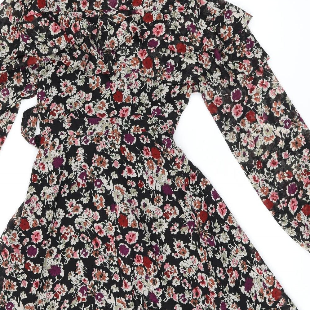 New Look Womens Black Floral Polyester Wrap Dress Size 6 V-Neck Tie