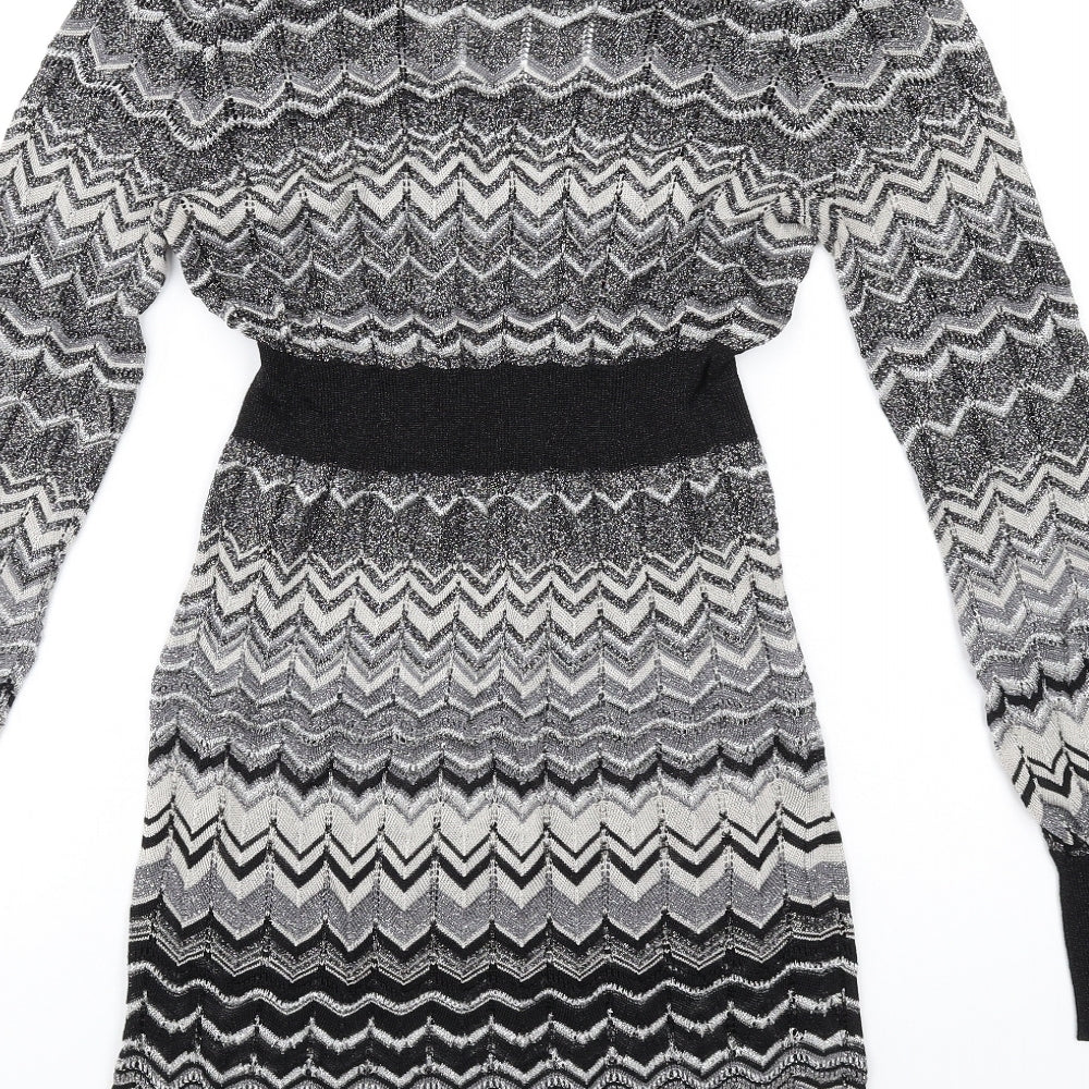 Julien Macdonald Womens Black Chevron Viscose A-Line Size 10 Square Neck Pullover