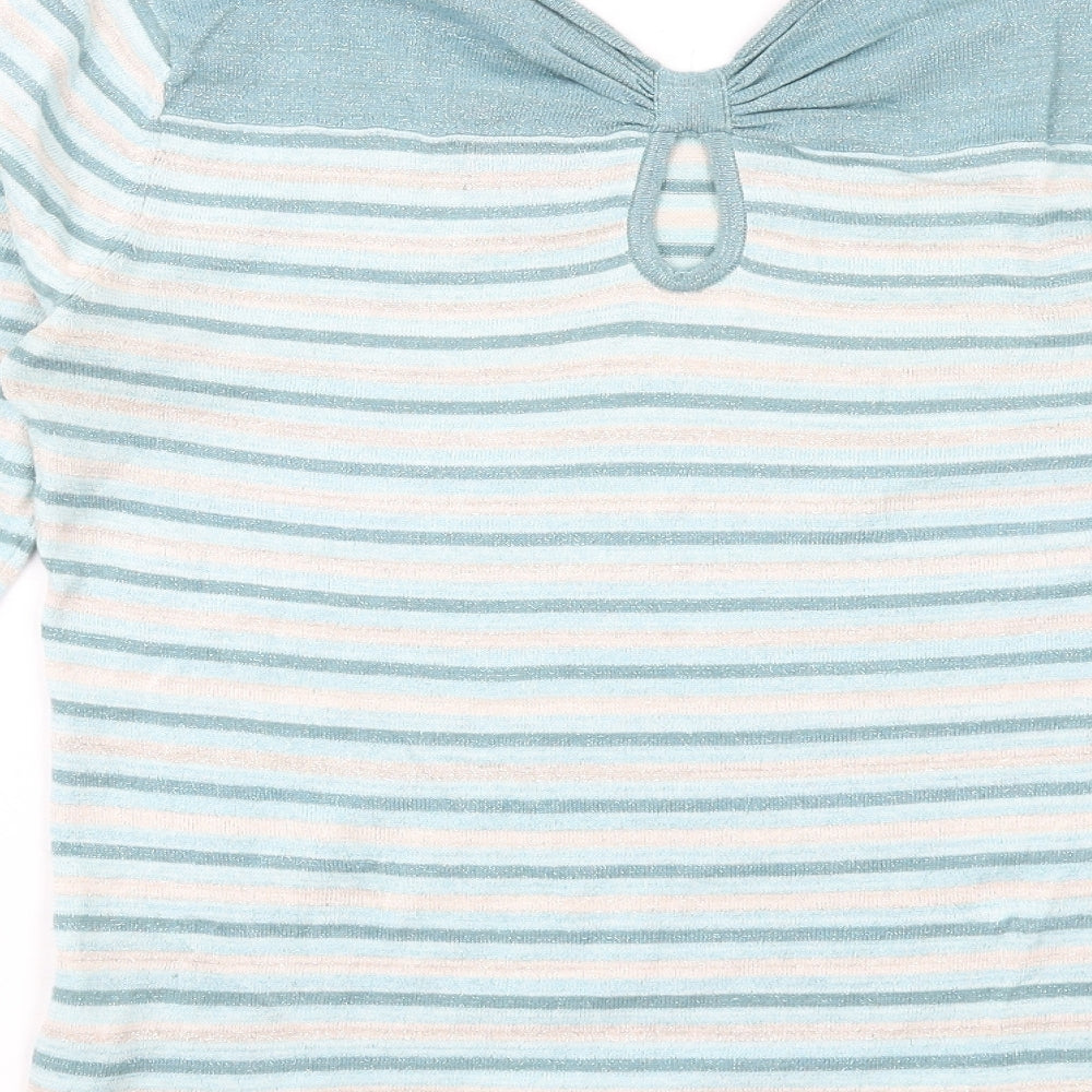 Yumi Womens Blue Round Neck Striped Cotton Pullover Jumper Size 14