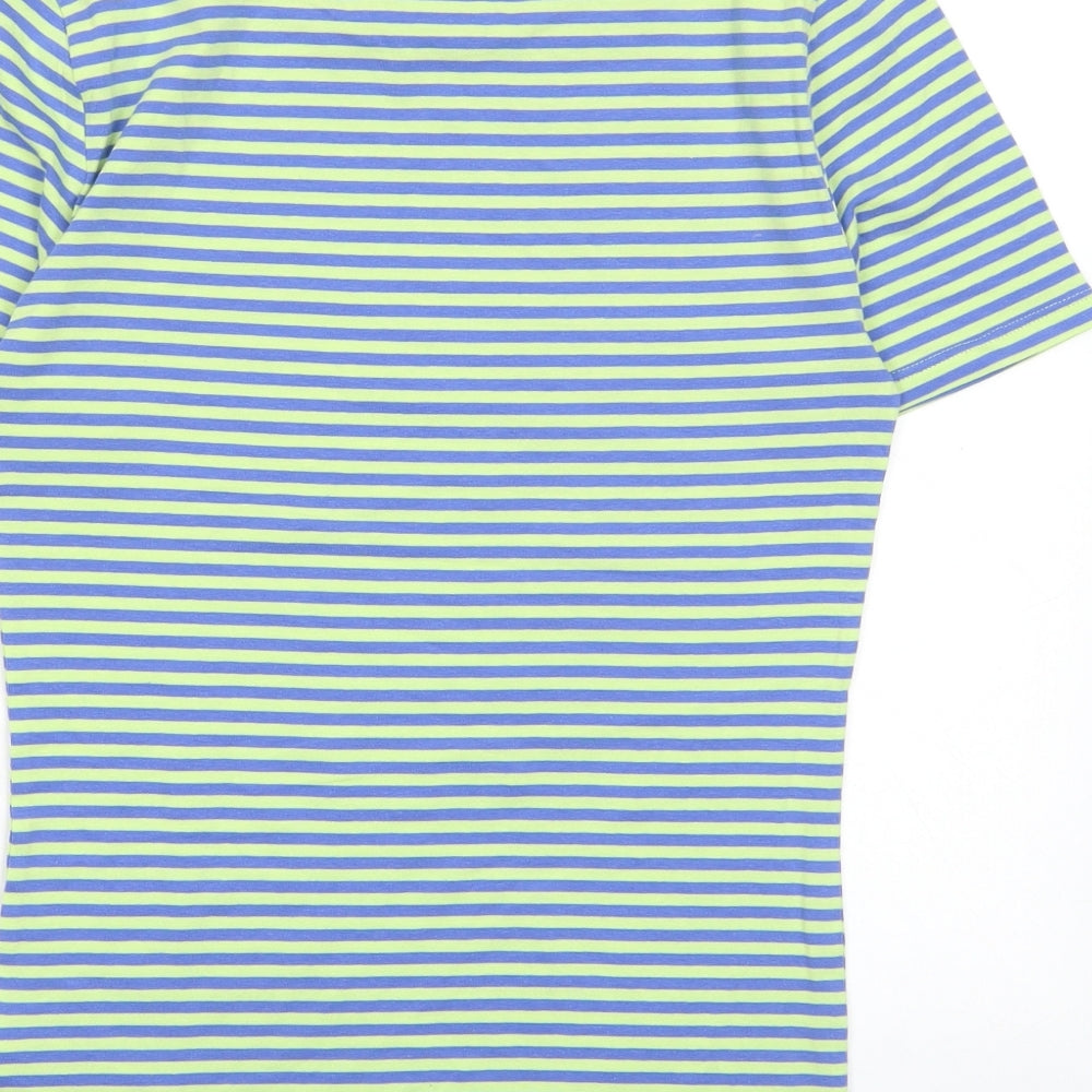 Marks & Spencer Womens Green Striped Cotton Basic T-Shirt Size 6 Collared