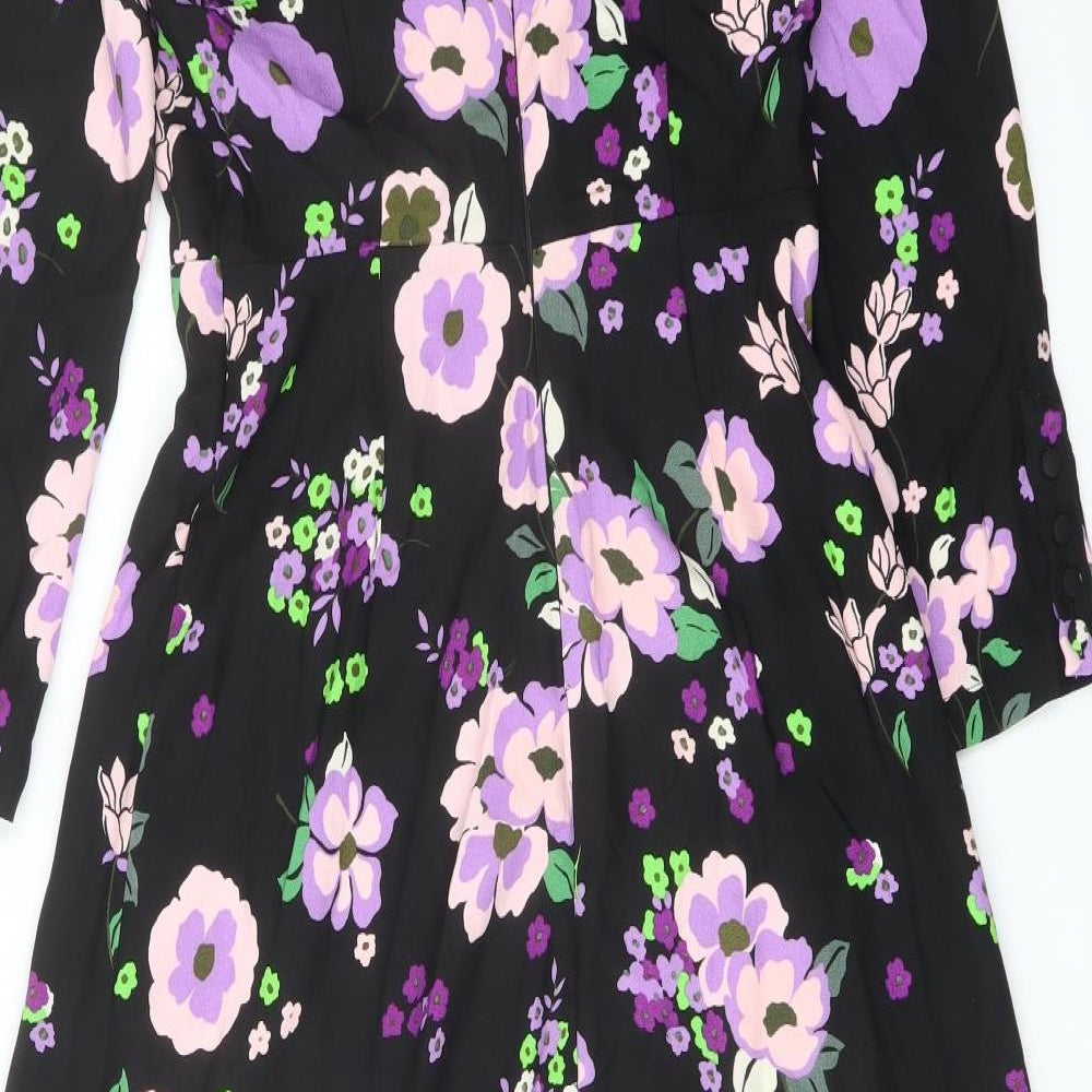 Marks & Spencer Womens Black Floral Polyester A-Line Size 8 Mock Neck Zip