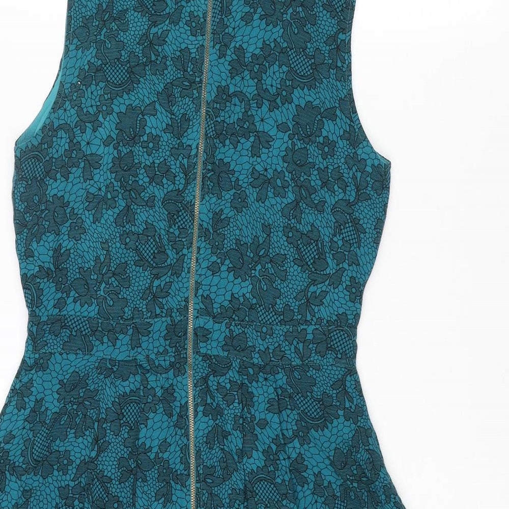 Yumi Womens Blue Floral Cotton A-Line Size 10 Collared Zip