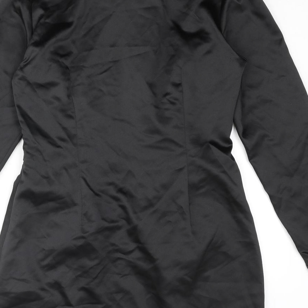 Zara Womens Black Polyester Shirt Dress Size M Collared Zip - Button Detail Rouched