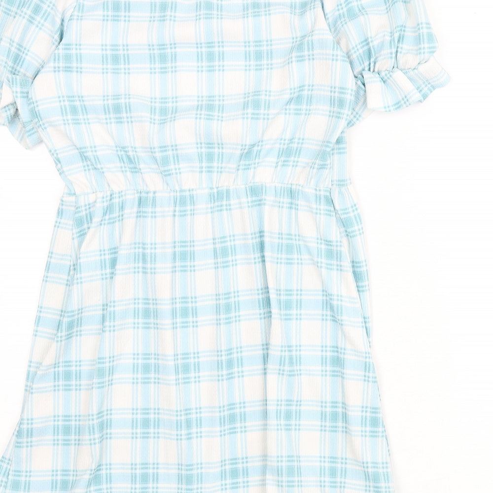 River Island Womens Blue Plaid Polyester A-Line Size 10 V-Neck Pullover - Tie Detail