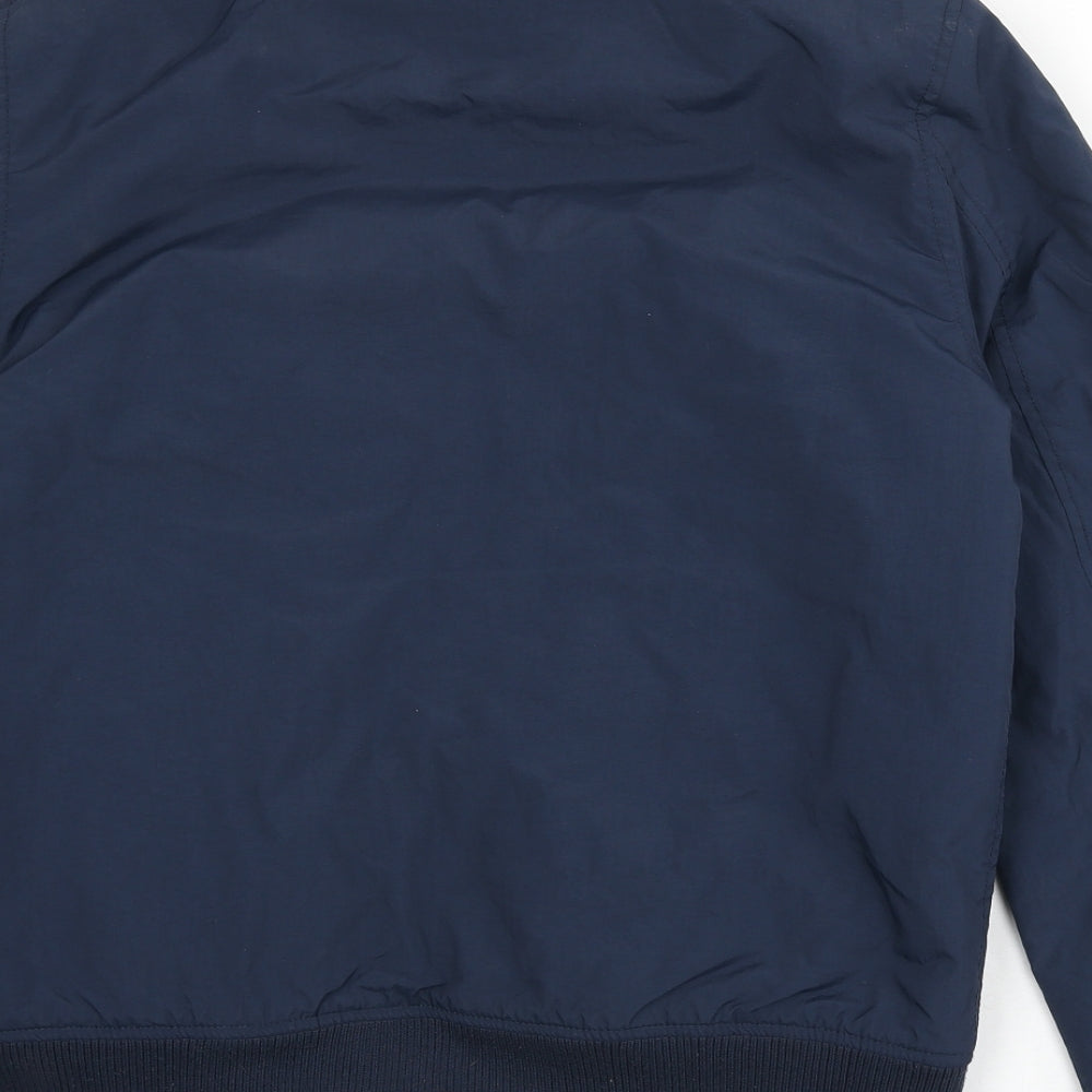 Brand and care label for ASOS men’s blue bomber jacket jacket, size M, zip