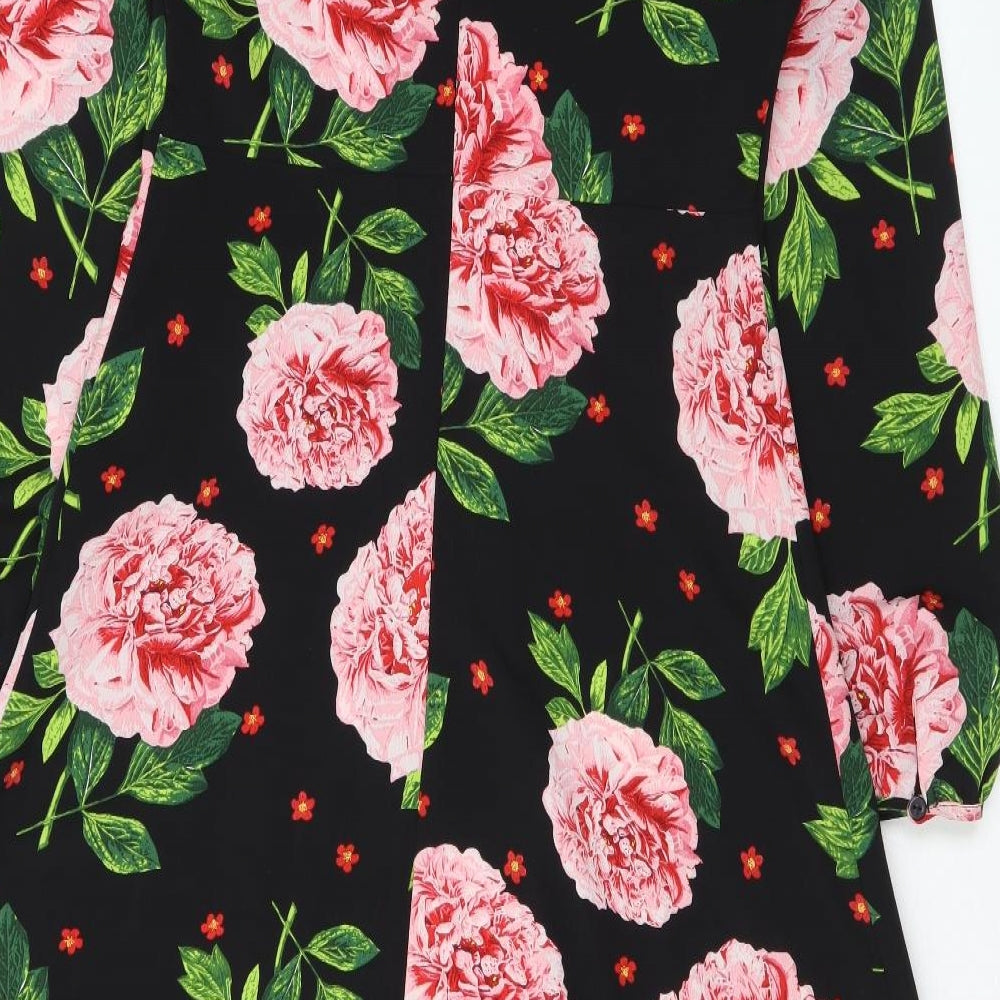 Dorothy Perkins Womens Black Floral Polyester A-Line Size 8 Scoop Neck Button