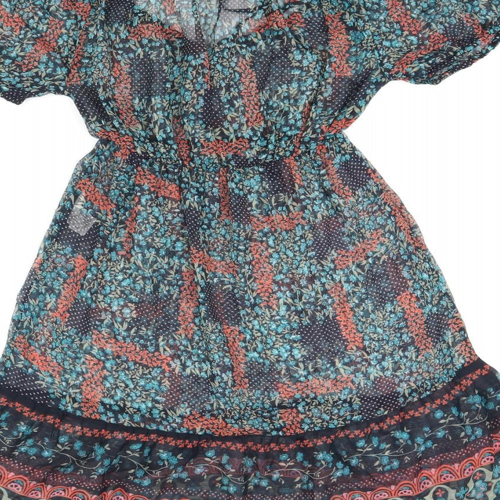 LFT Womens Black Floral Polyester Mini Size S V-Neck Pullover - Sheer