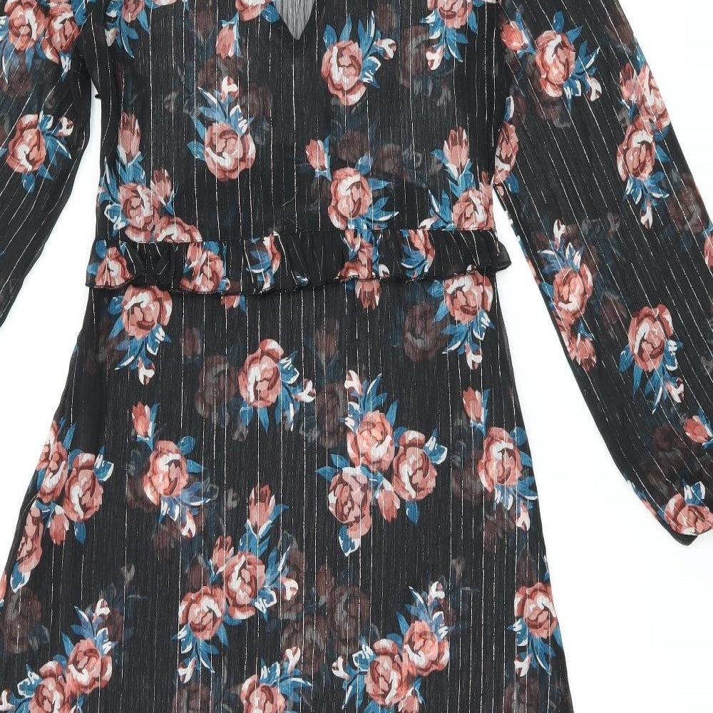 INNOCENCE Womens Black Floral Polyester Shift Size 10 V-Neck Zip - Sheer