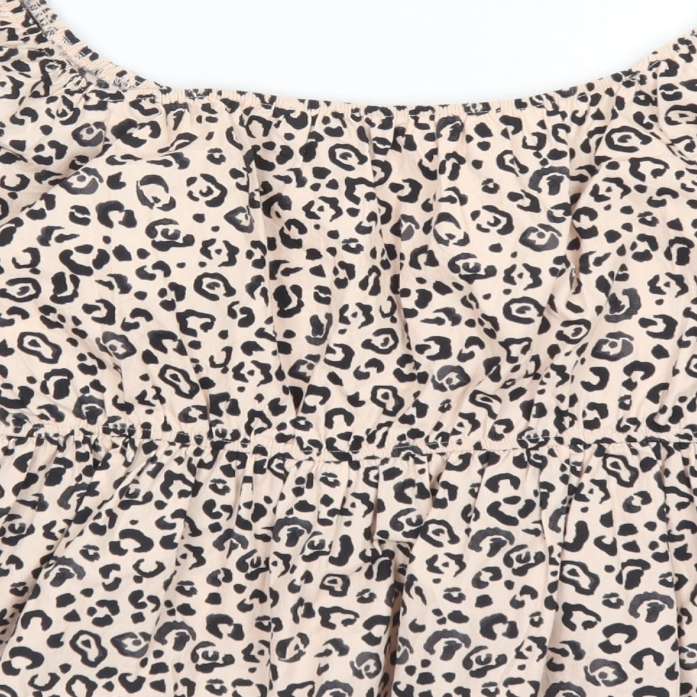 New Look Womens Pink Animal Print 100% Cotton Basic Blouse Size 12 V-Neck - Cheetah Pattern