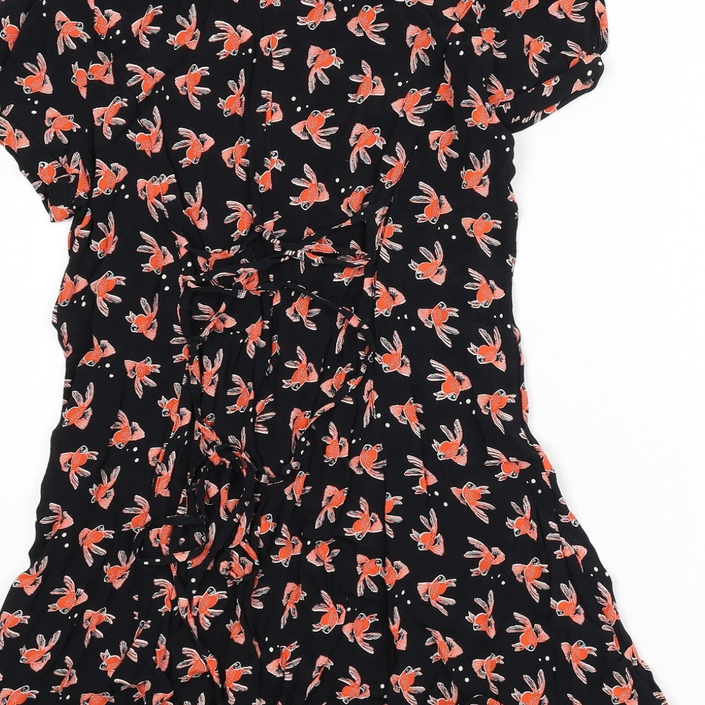 Henry Holland Womens Black Geometric Viscose A-Line Size 12 Collared Zip - Goldfish Print, Lace Up Back