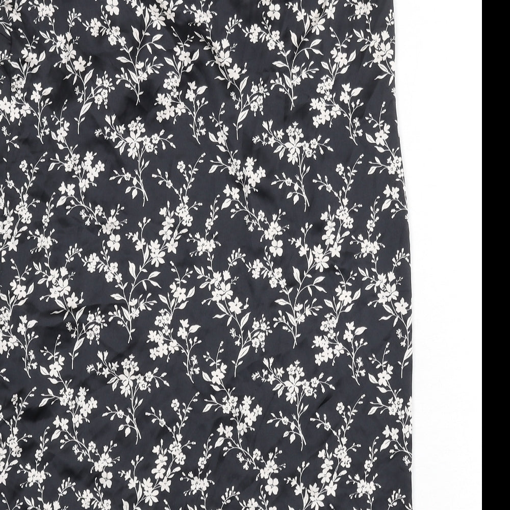 Zara Womens Black Floral Polyester A-Line Skirt Size S Zip - Knot Front, Slit