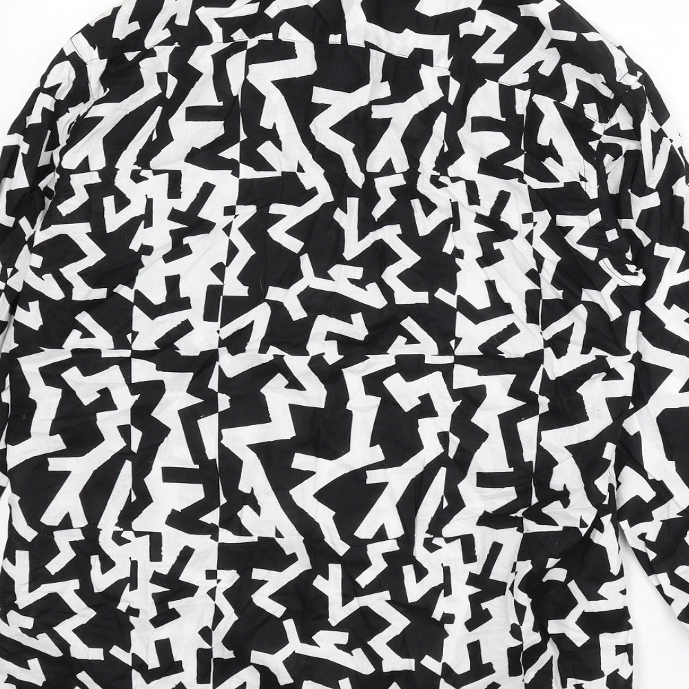 H&M Mens Black Geometric Cotton Button-Up Size M Collared Button