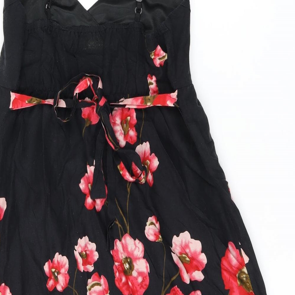 Pussycat London Womens Black Floral Cotton Mini Size 10 V-Neck Pullover