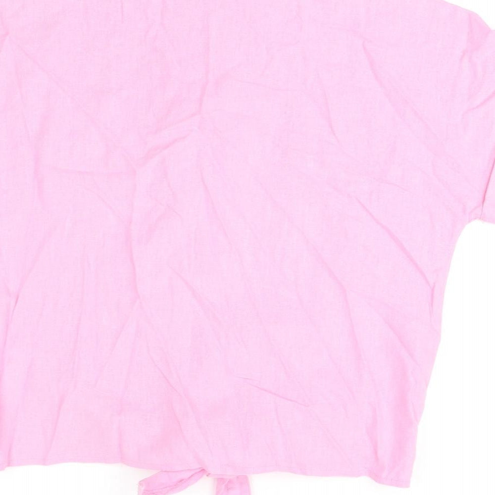 Free/Quent Womens Pink Linen Basic Button-Up Size S Round Neck