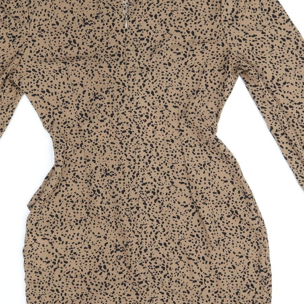 Missguided Womens Brown Geometric Polyester Bodycon Size 6 Round Neck Zip