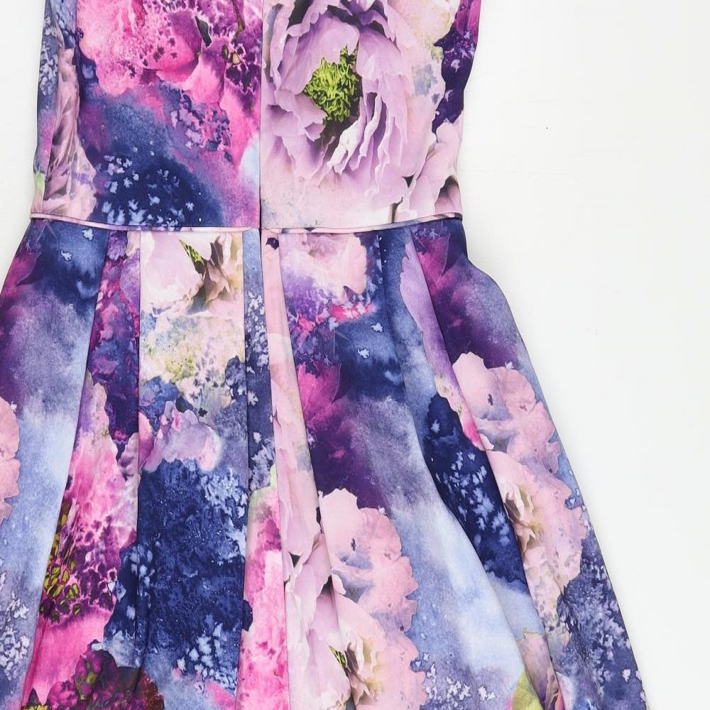 Warehouse Womens Multicoloured Floral Polyester Fit & Flare Size 10 Round Neck Zip - Lined