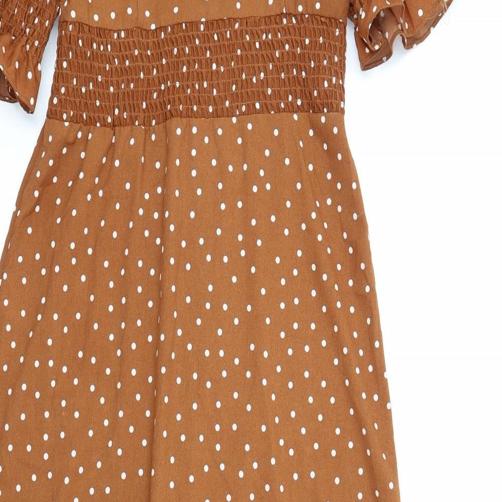 ASOS Womens Brown Polka Dot Polyester A-Line Size 8 V-Neck Button