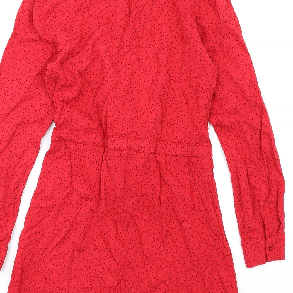 Warehouse Womens Red Geometric Viscose Shirt Dress Size 8 Collared Button
