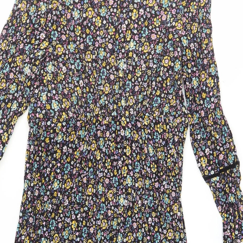 Zara Womens Black Floral Polyester A-Line Size M V-Neck Button