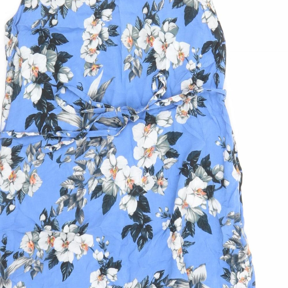 Oasis Womens Blue Floral Viscose Slip Dress Size XS V-Neck Pullover - Belted