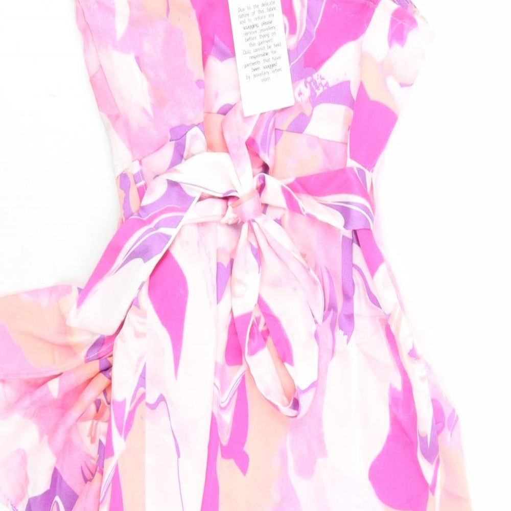 Quiz Womens Pink Geometric Polyester Wrap Dress Size 8 V-Neck Tie