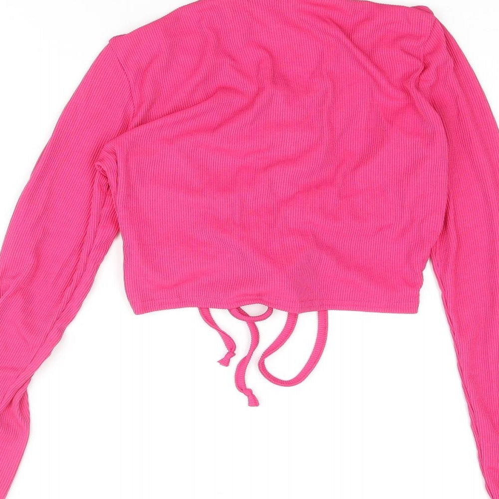 Pink Vanilla Womens Pink Polyester Cropped Blouse Size M Mock Neck - Keyhole Neck Drawstring