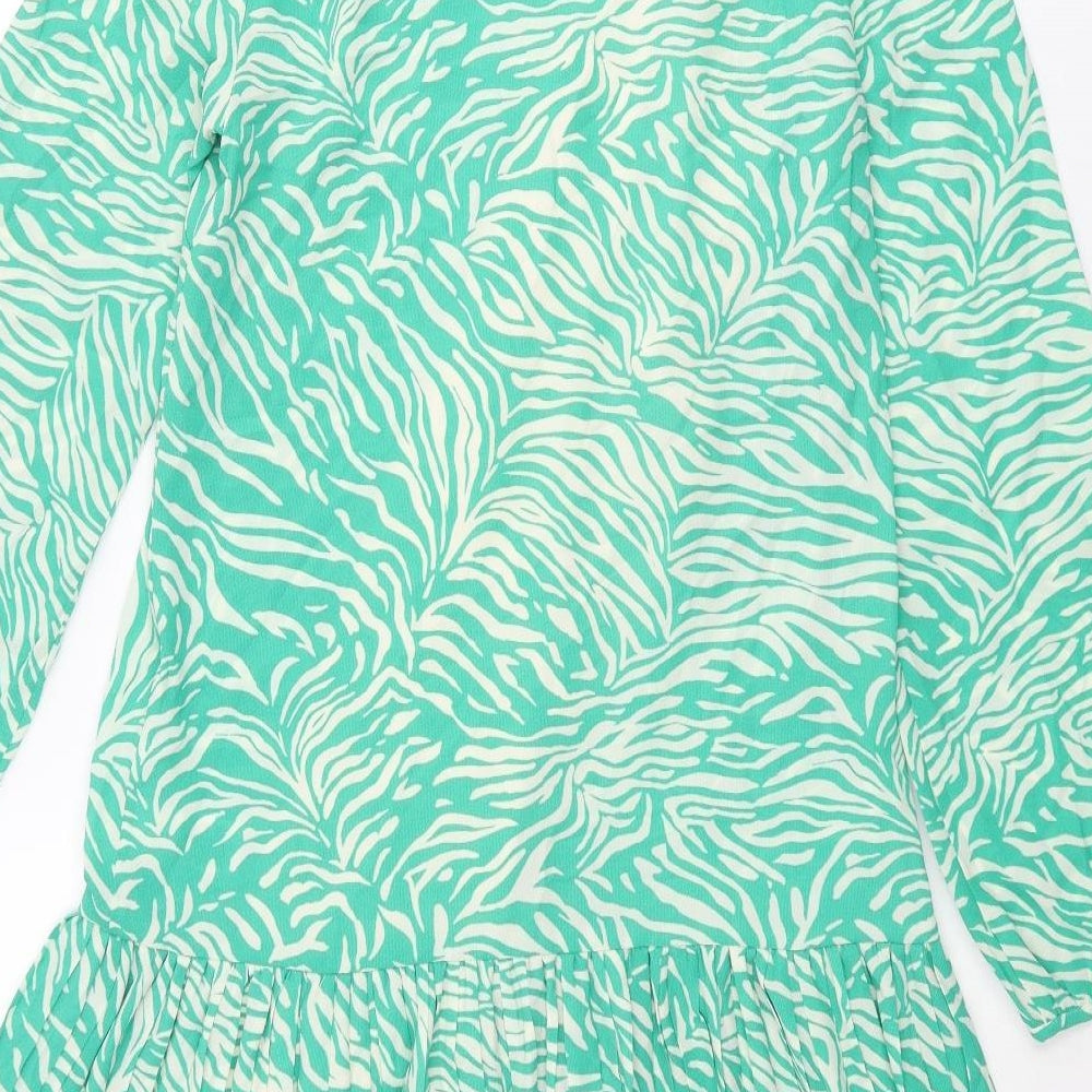 Marks & Spencer Womens Green Animal Print Polyester Shirt Dress Size 6 Collared Button - Pleated Zebra Print