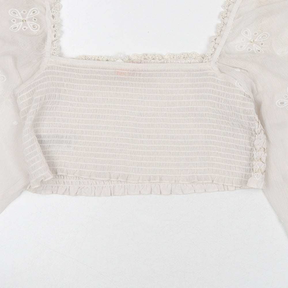 River Island Womens Ivory Polyester Cropped Blouse Size M Square Neck - Embroidered Detail, Stitch Detail