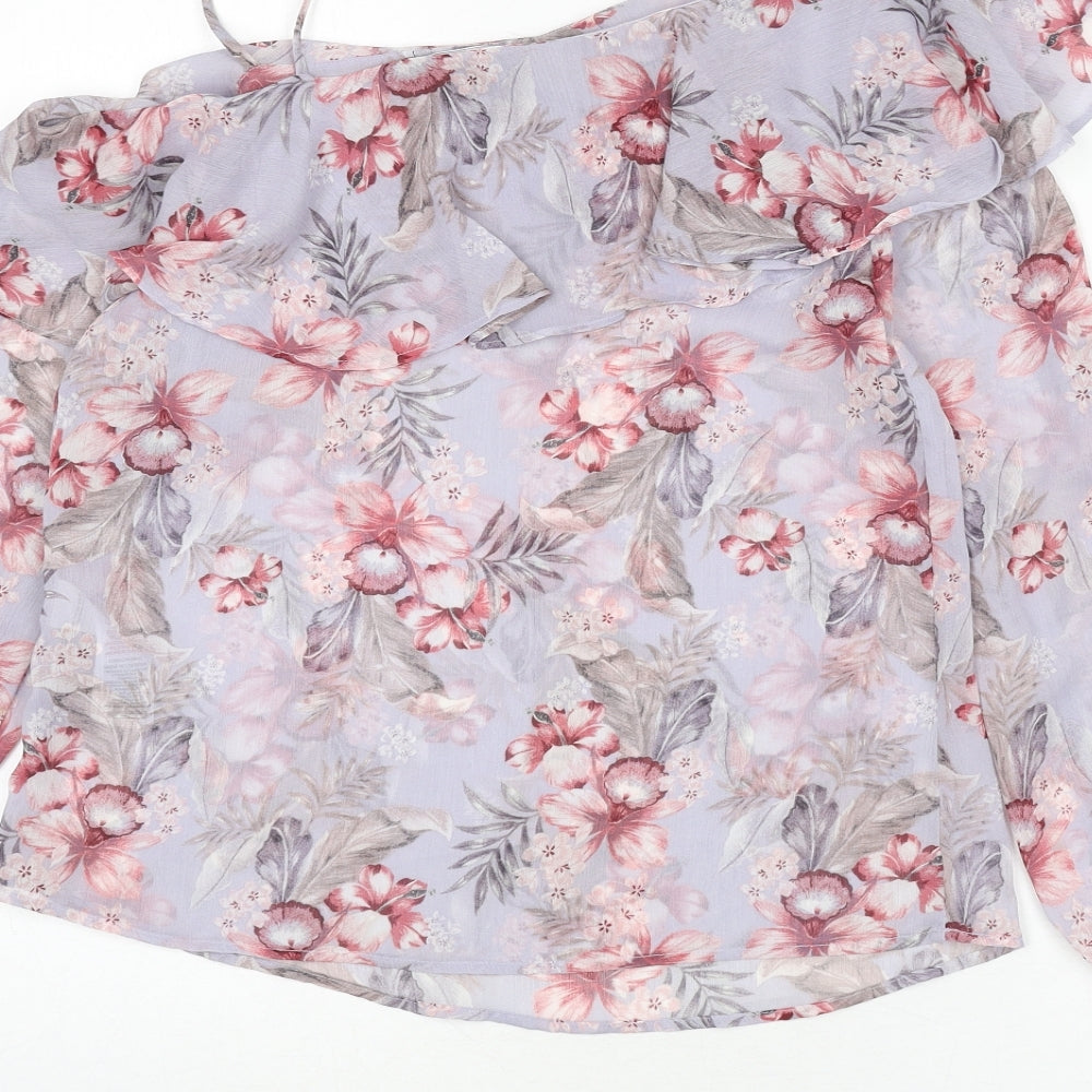 New Look Womens Purple Floral Polyester Basic Blouse Size 10 Scoop Neck - Ruffle Detail