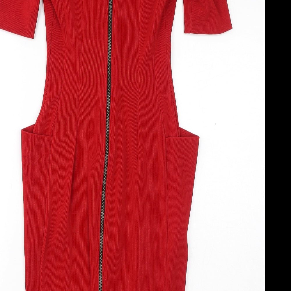Catwalk Womens Red Viscose Bodycon Size S V-Neck Zip - Pockets