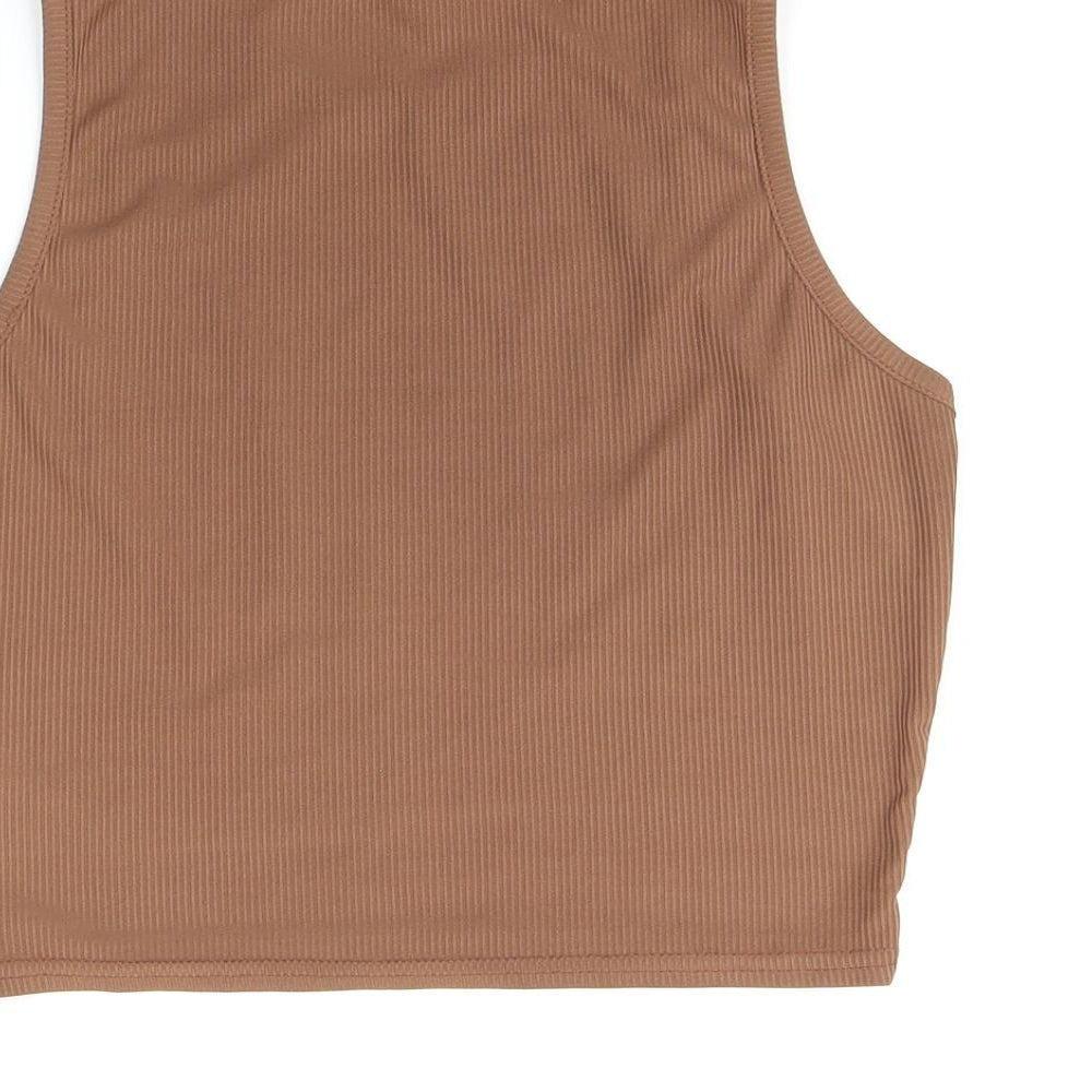 PRETTYLITTLETHING Womens Brown Polyester Cropped T-Shirt Size 10 Round Neck - Ribbed Fabric