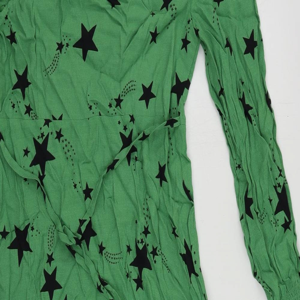 Marks & Spencer Womens Green Geometric Viscose A-Line Size 10 V-Neck Zip