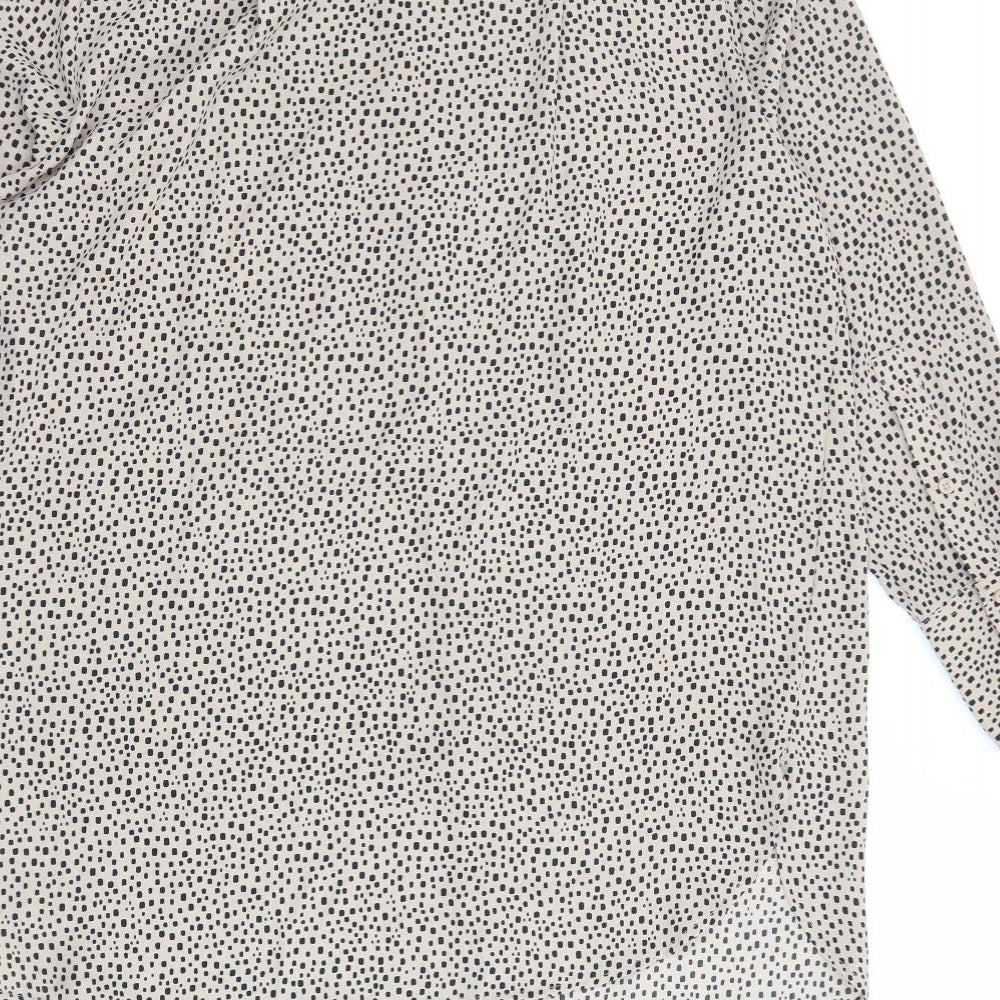 Marks & Spencer Womens Beige Geometric Polyester Basic Button-Up Size 14 V-Neck - Sheer