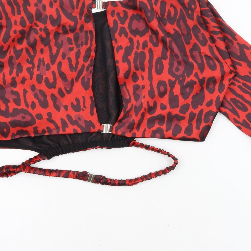 Zara Womens Red Animal Print Polyester Cropped Blouse Size S Round Neck - Leopard Print Open Back