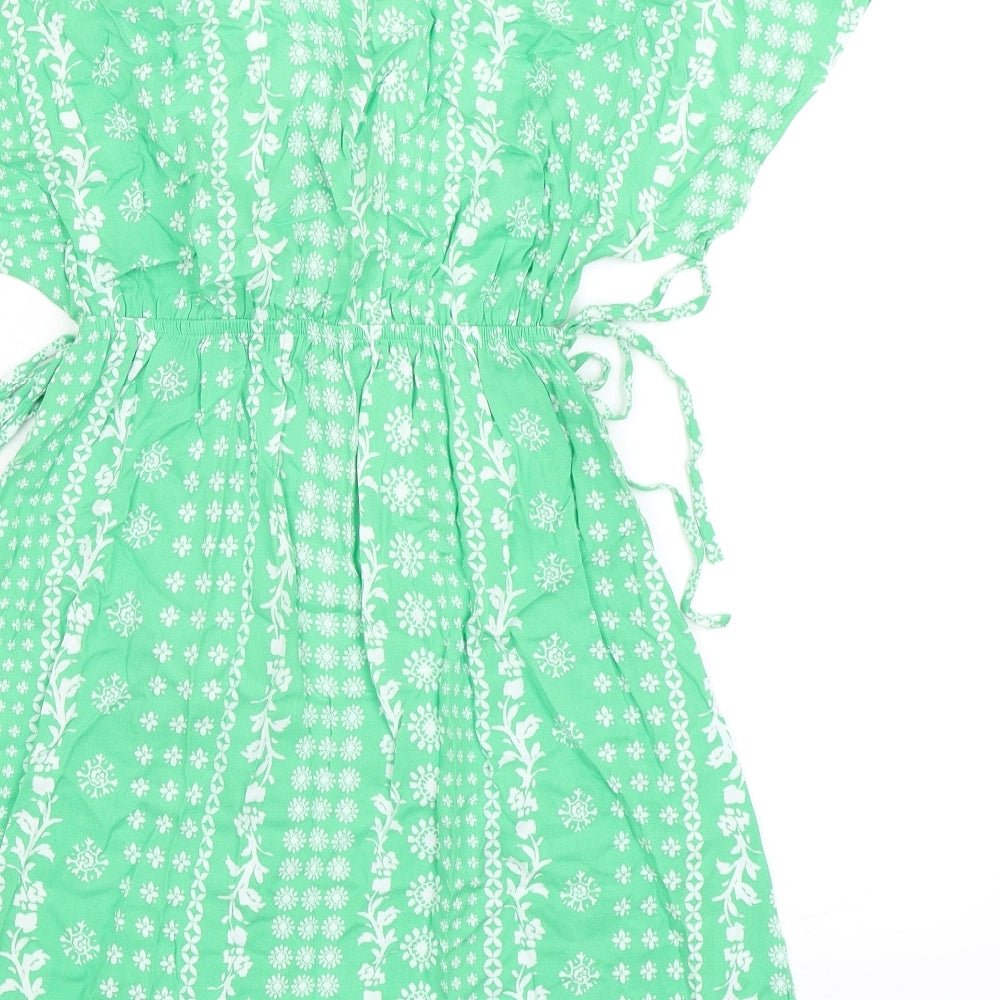 Marks & Spencer Womens Green Floral Viscose Fit & Flare Size 8 V-Neck - Elasticated Waist