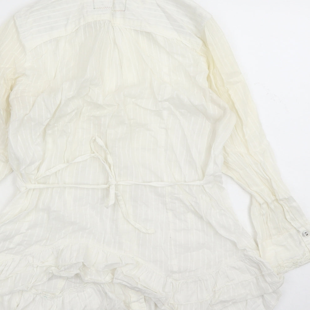 River Island Womens Ivory Striped 100% Cotton Basic Button-Up Size 10 V-Neck - Lace Detail