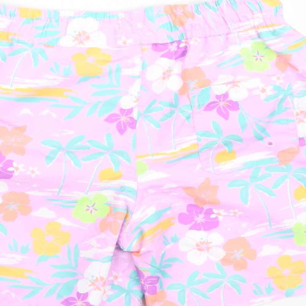 Marks & Spencer Boys Purple Floral Polyester Sweat Shorts Size 7-8 Years Regular Drawstring - Elasticated Waist Swim Shorts