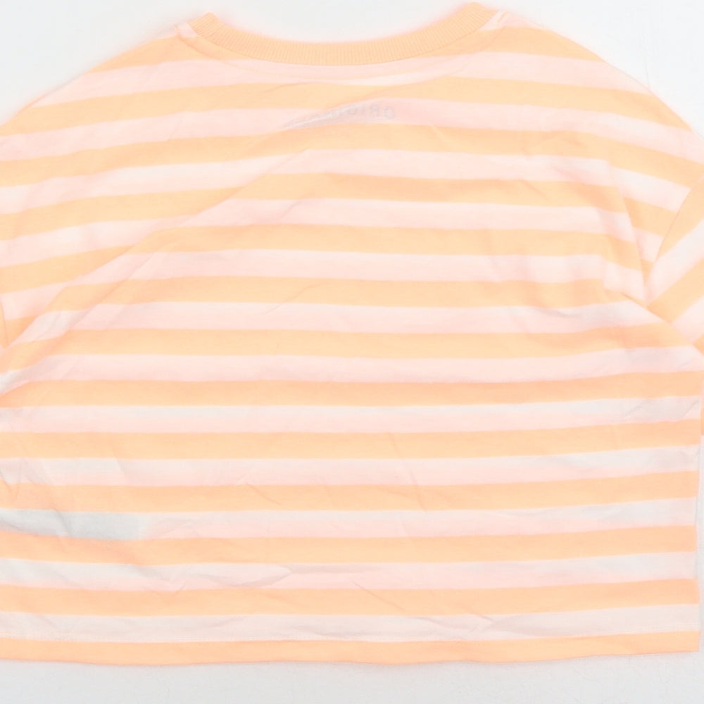 Marks & Spencer Girls Orange Striped Cotton Basic T-Shirt Size 7-8 Years Crew Neck Pullover